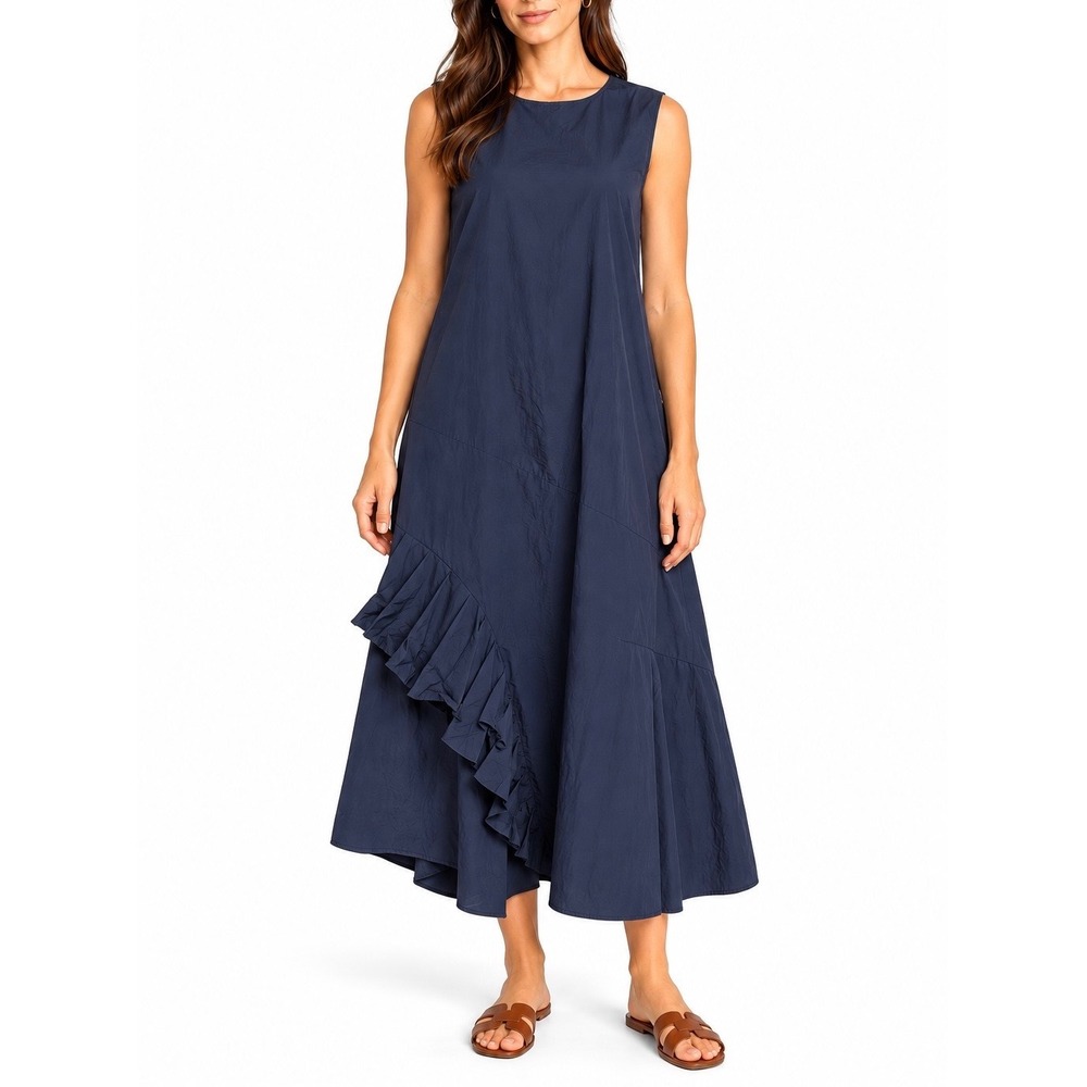 COS Maxi Dress 100% Cotton Asymmetric Ruffle Sleeveless Navy Blue EUR 44 US 12